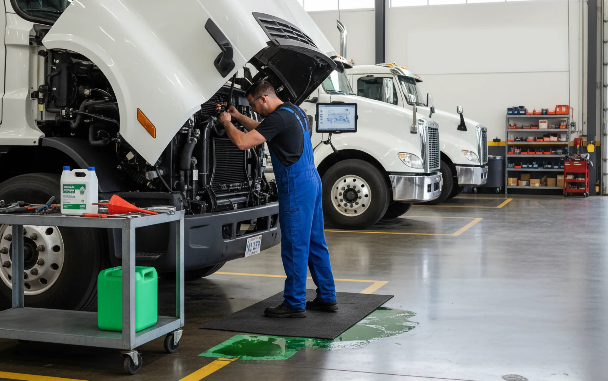 Technicians servicing a semi truck cooling system in the CPA Truck and Trailer Services shop in Harper, WV