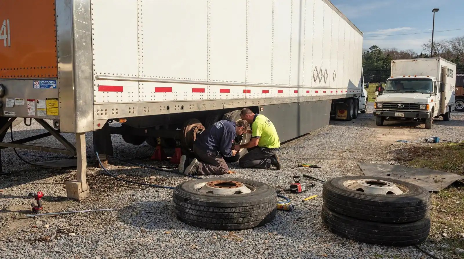Two technicians servicing a semi trailer wheel end with tires removed in a gravel yard