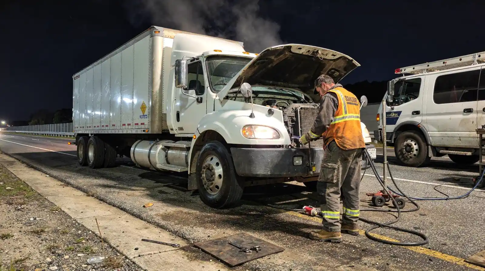Mobile technician repairing a semi truck cooling system on the roadside at night