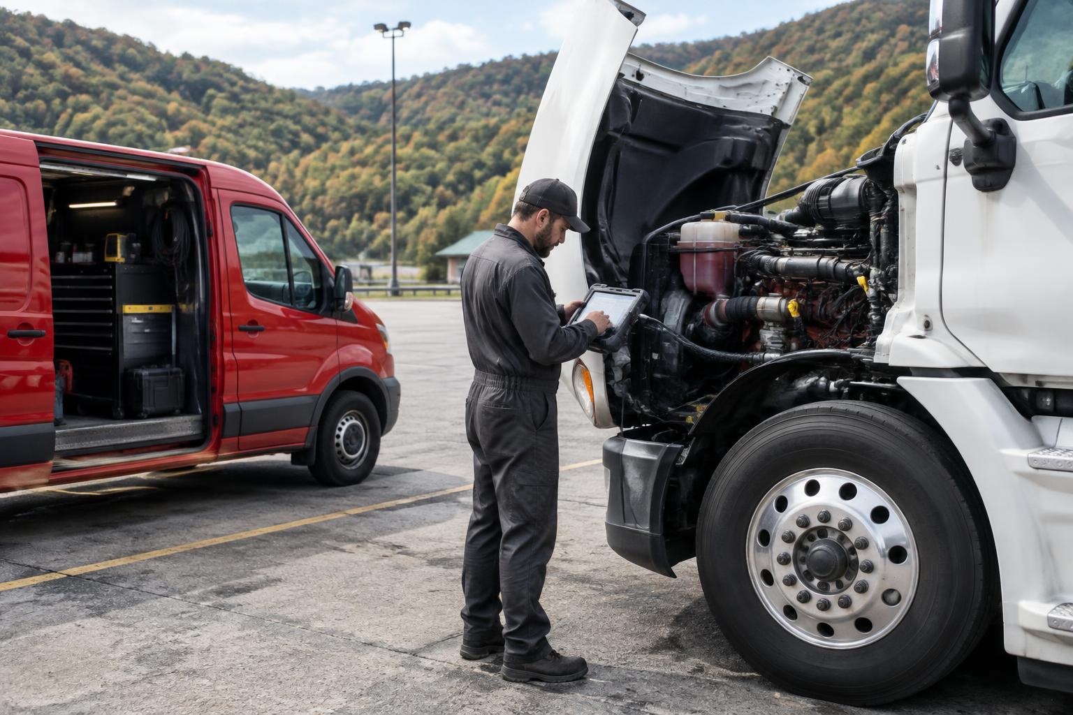 Illustration of a mobile mechanic diagnosing a semi truck with a tablet beside a service van