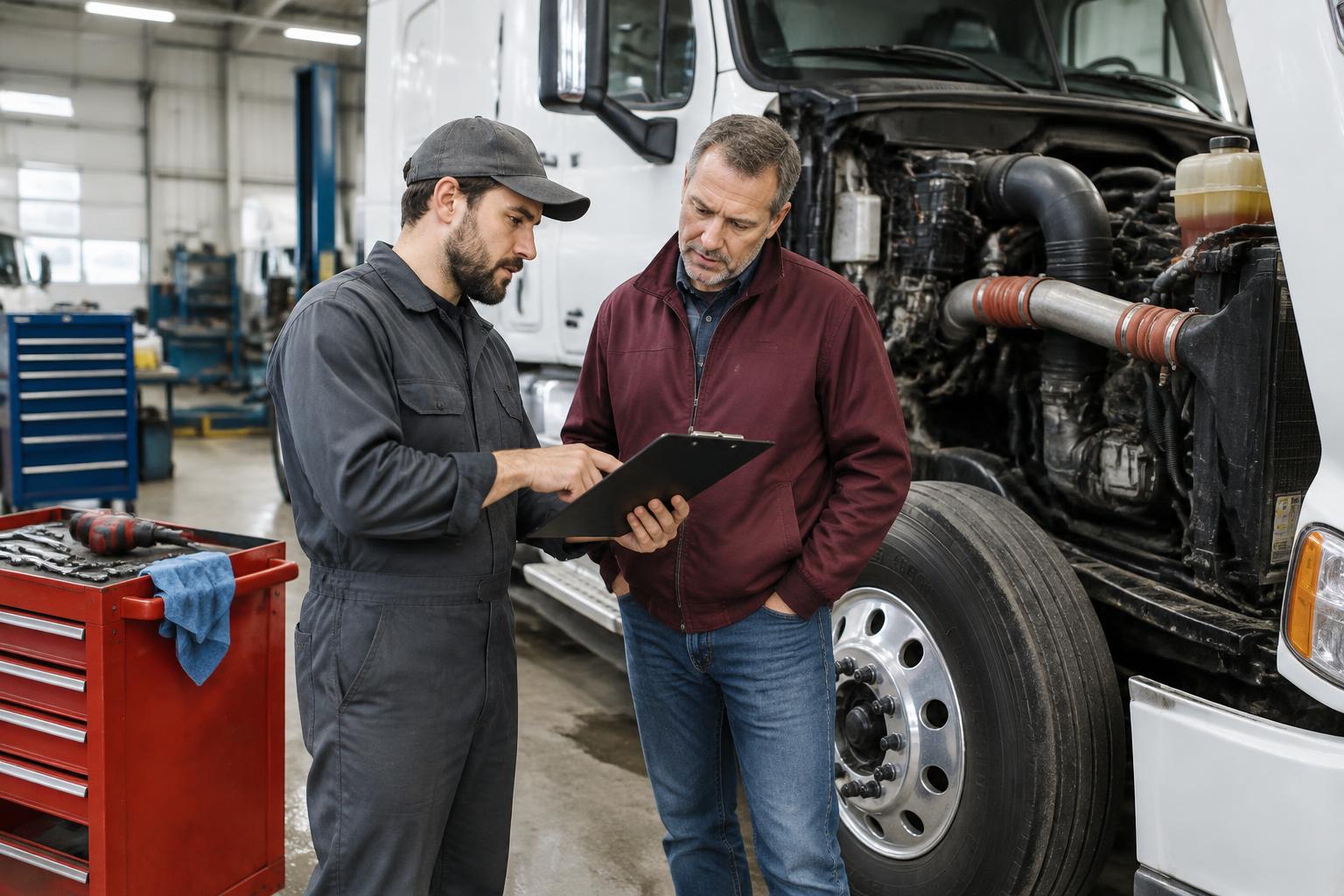 Illustration of a technician and owner-operator reviewing a semi truck repair estimate in a workshop