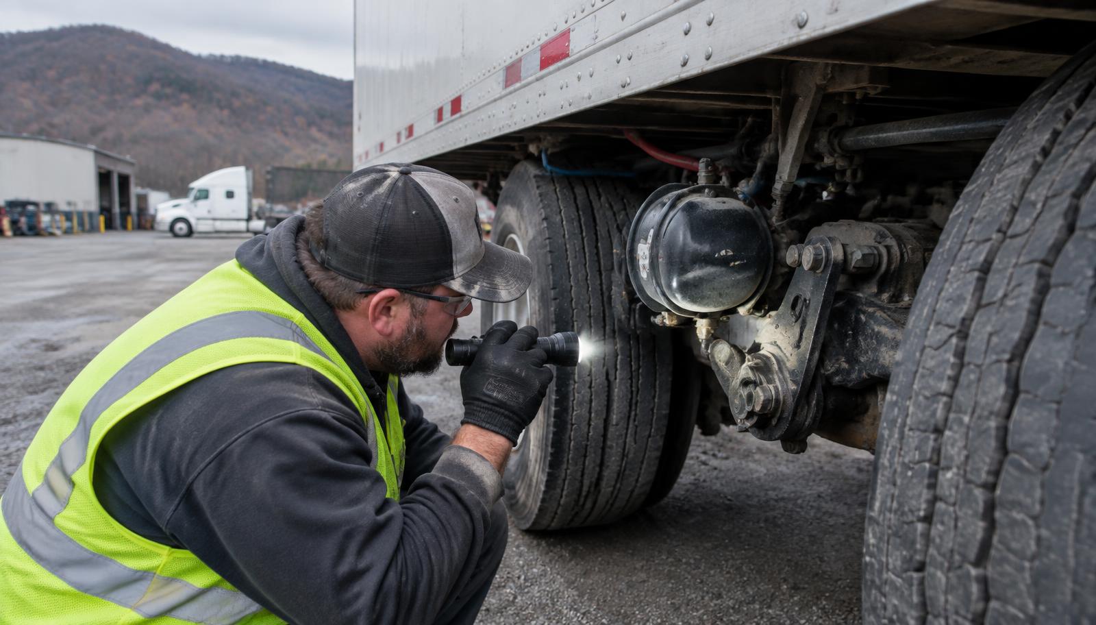 Technician inspecting a semi trailer air brake chamber and slack adjuster during preventative maintenance
