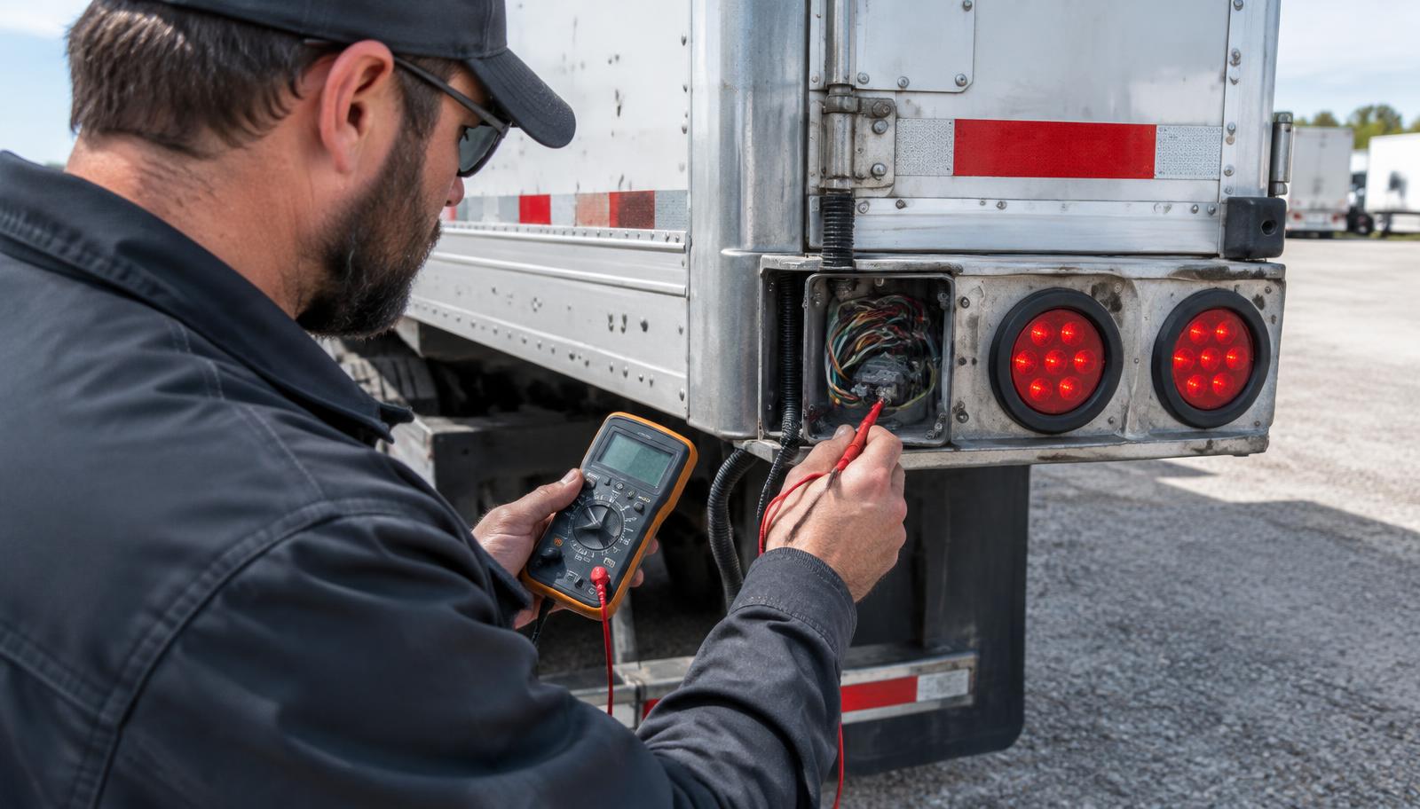 Technician testing semi trailer tail light wiring with a multimeter