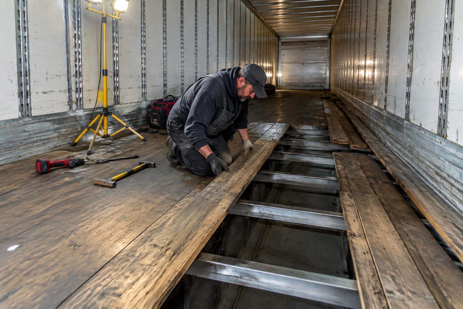 Mechanic replacing damaged floorboards inside a semi dry van trailer