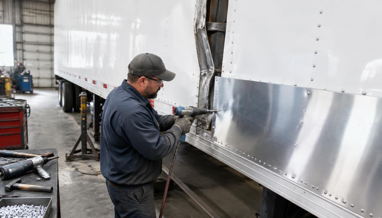 Mechanic riveting a new side panel on a semi dry van trailer